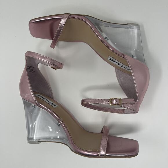 Steven Madden Isobel Sandals Size 8M Pink Metallic Clear Lucite Wedge NEW - Picture 10 of 14